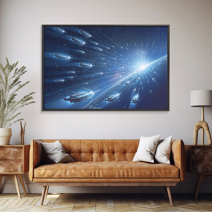 Blue Starship Fleet Racing Toward Sunrise Wall Art, Afrofuturism Decor, Sci Fi Space Art, Modern Canvas Print For Office Decor