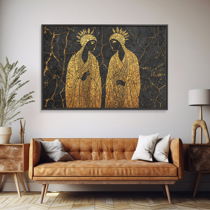 Gold Mosaic Sacred African Figures On Black Stone Wall Art, Spiritual Wall Decor, Black And Gold Art, Framed Canvas Print