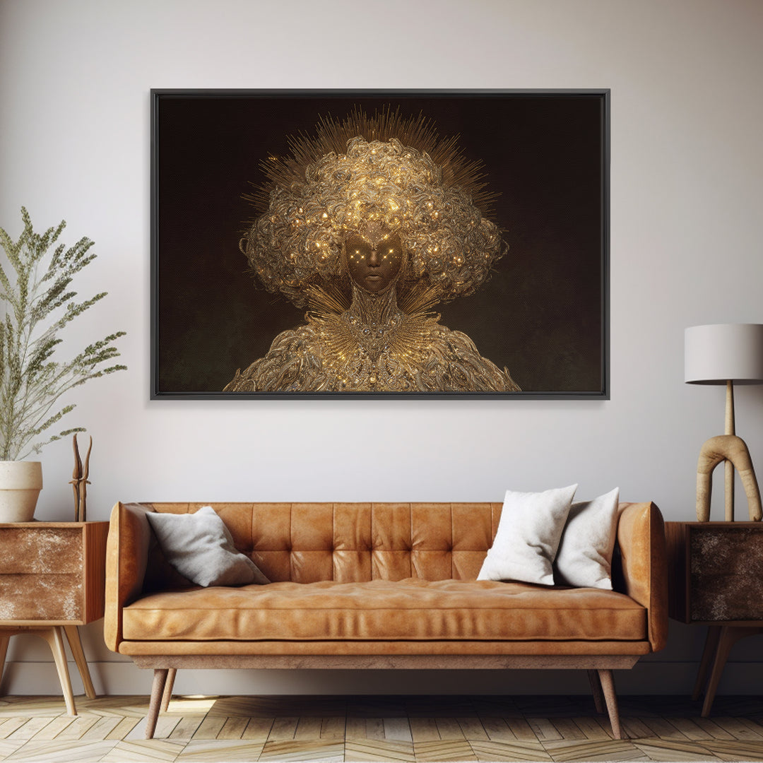 Golden Halo African Queen Portrait, Ornate Black Goddess Wall Art, Afrocentric Decor, Luxury Canvas, Black Beauty Gift Print