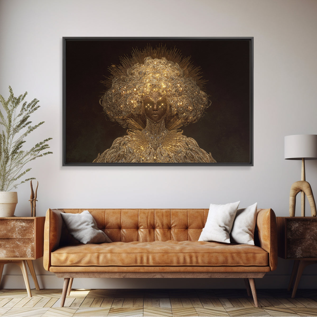 Golden Halo African Queen Portrait, Ornate Black Goddess Wall Art, Afrocentric Decor, Luxury Canvas, Black Beauty Gift Print