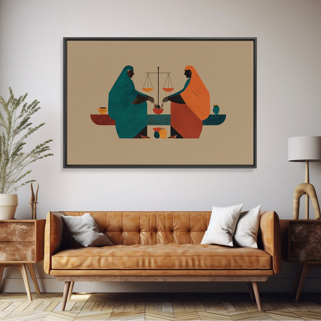 Minimalist African Women Sharing Bowls, Balance Scales Wall Art, Boho Afrocentric Decor, Cultural Canvas Print Gift For Her