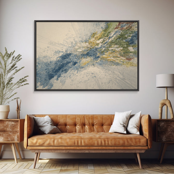Blue Gold Abstract Data Landscape, Geometric Line Wall Art, Modern Office Decor, Contemporary Canvas Print Artwork Home Decor Gift