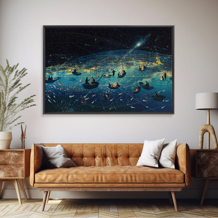 Starry Night African Fishing Boats, Dreamy Ocean Wall Art, Coastal Safari Decor, Framed Canvas Print For Living Room Gift