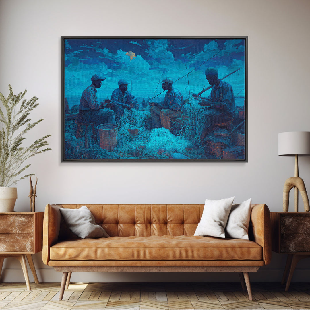 Moonlit African Fishermen Mending Nets, Blue Coastal Wall Art, Afrocentric Painting, Cultural Decor, Fishing Village Print