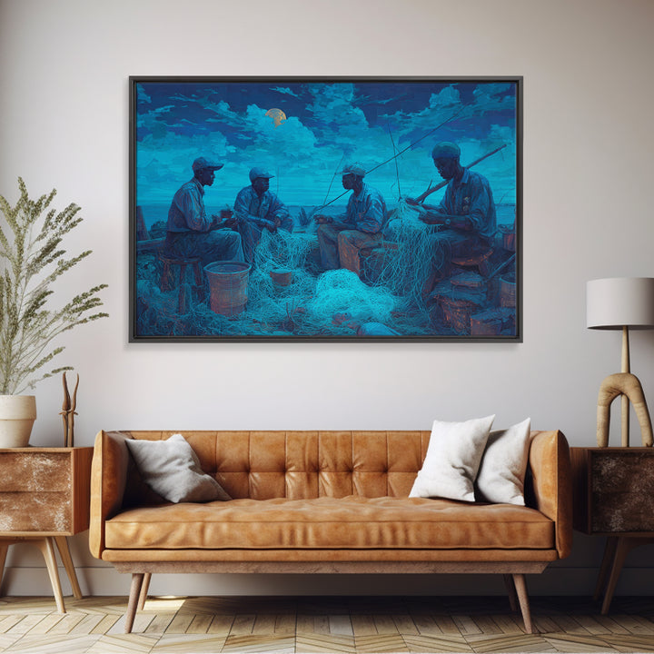 Moonlit African Fishermen Mending Nets, Blue Coastal Wall Art, Afrocentric Painting, Cultural Decor, Fishing Village Print