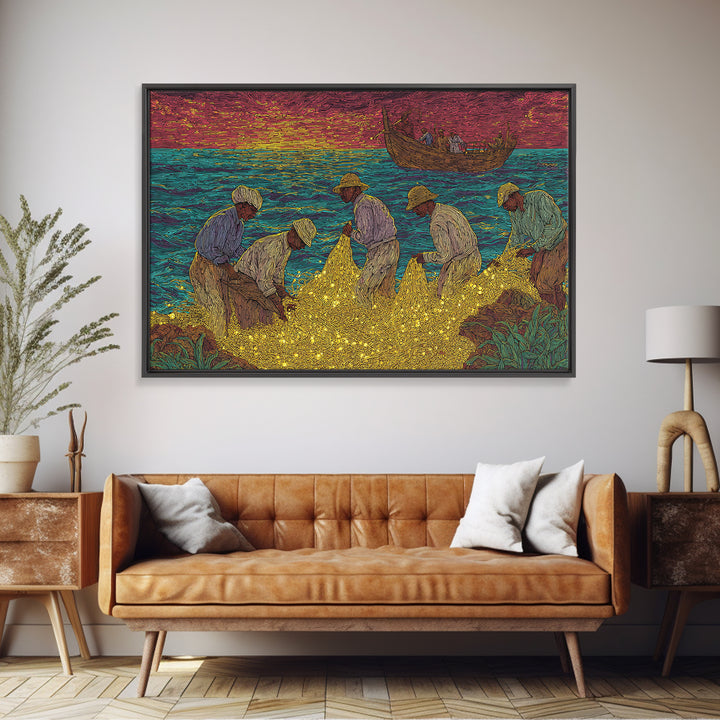 Golden Net Fishermen At Vibrant Sunset, African Wall Art, Coastal Canvas Print, Colorful Cultural Decor, Fishing Village