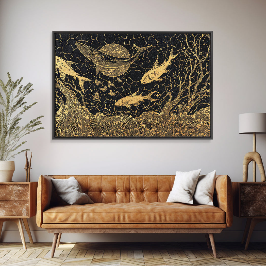 Gold Fish And Whale Underwater Scene, Black And Gold Wall Art, Ocean Canvas Print, Mystical Nature Decor, Unique Gift For Home