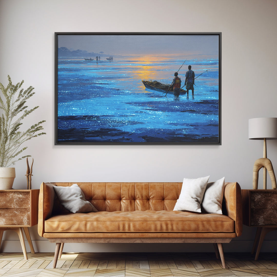 Blue Dawn Fishermen With Boat On Shimmering Water, African Wall Art, Coastal Canvas Print, Serene Living Room Decor Gift