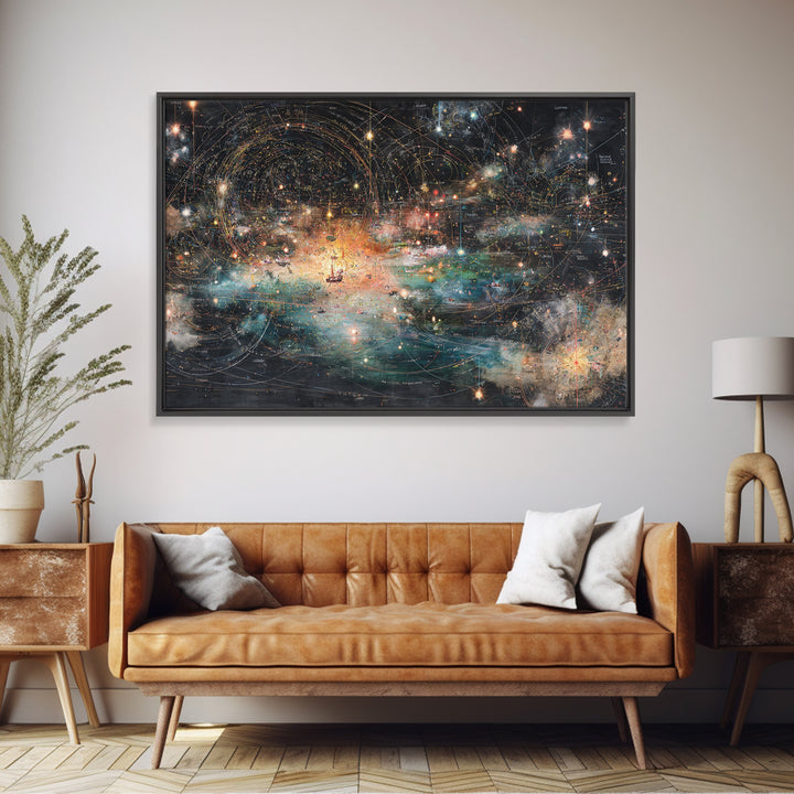 Cosmic Ocean Map With Stars And Light Trails, Abstract Wall Art, Modern Canvas Print, Mystical Office Decor, Galaxy Art Print