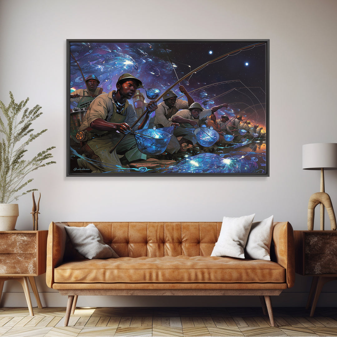 Afrofuturist Fishermen Catching Glowing Fish, Starry Night Canvas Print, African Wall Art, Bold Black Culture Decor Gift