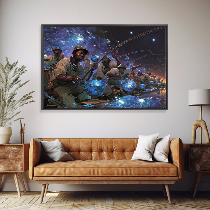 Afrofuturist Fishermen Catching Glowing Fish, Starry Night Canvas Print, African Wall Art, Bold Black Culture Decor Gift