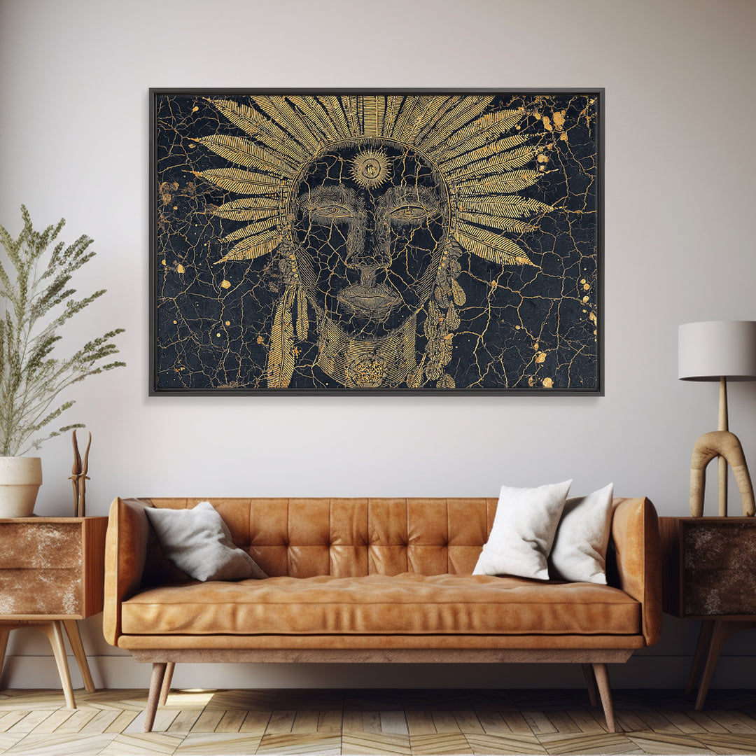Gold Sun Headdress Tribal Face Portrait, Black And Gold Wall Art, African Mask Canvas Print, Spiritual Cultural Decor Gift