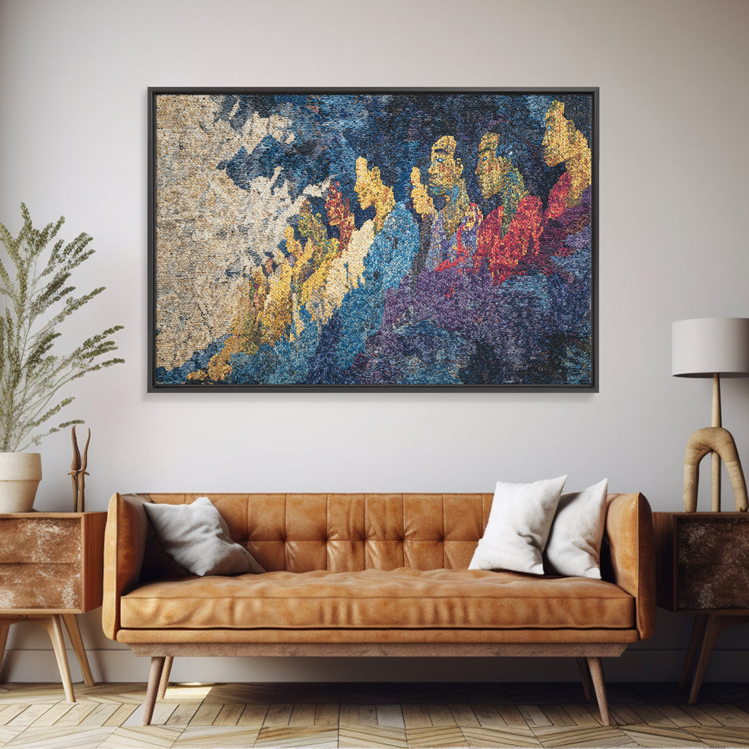 Woven Mountain Spirits Wall Art, Colorful African Textile Landscape Painting, Tribal Art Print, Cultural Home Decor Gift