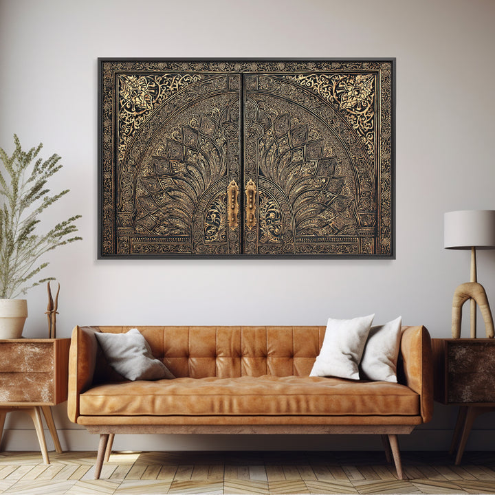 Ornate Black Gold Door Canvas Print, Moroccan Inspired Geometric Pattern Wall Art, Elegant Home Decor, Luxury Art Gift For Office