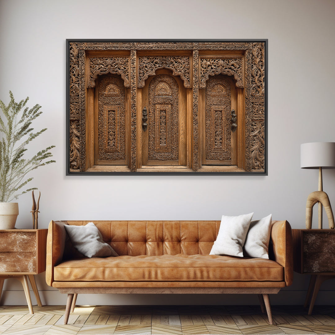 Carved Wooden Temple Doors Wall Art, Ornate African Inspired Architecture Print, Rustic Boho Home Decor, Cultural Gift For Hallway