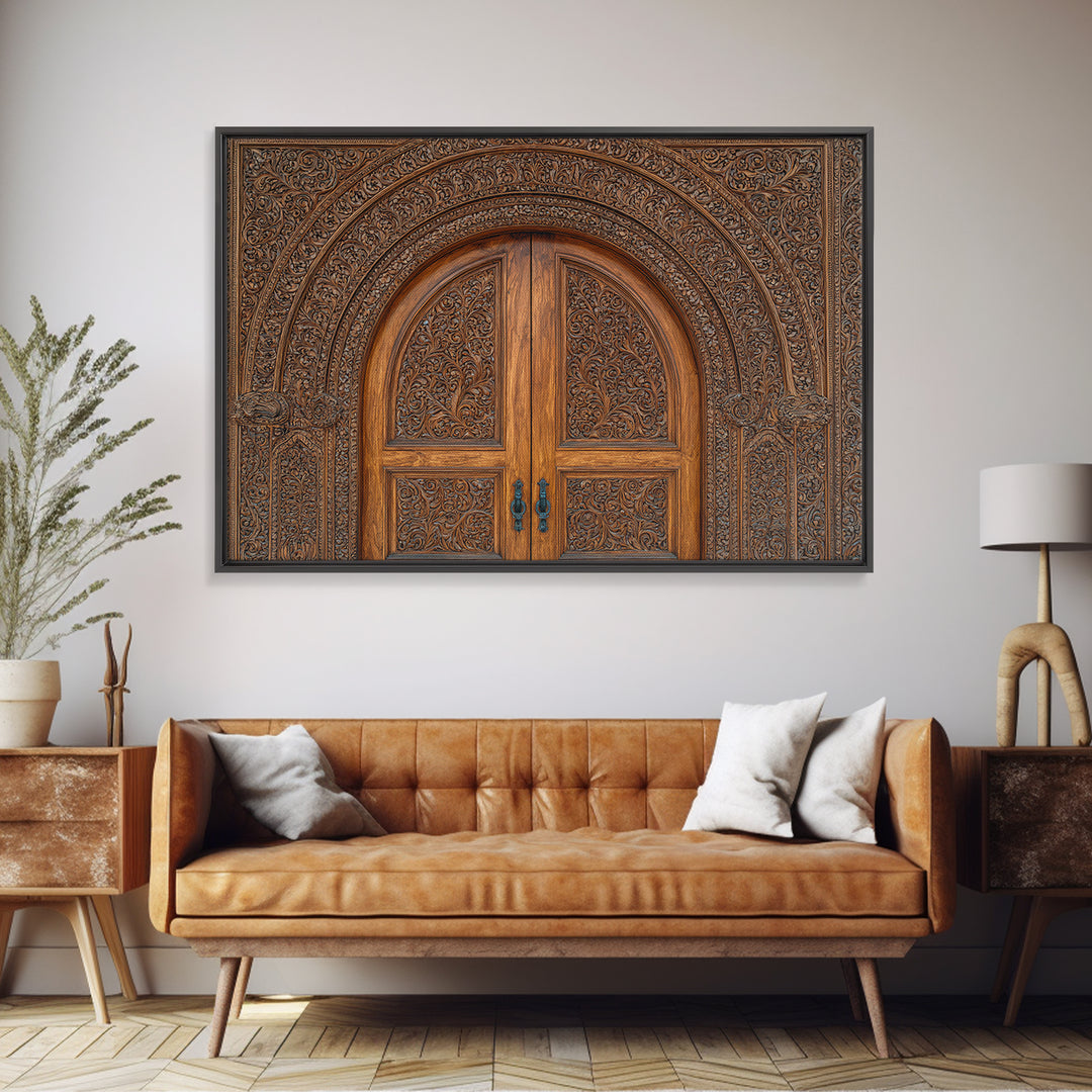 Arched Carved Wood Door Framed Canvas Print, Intricate Moroccan Pattern Wall Art, Rustic Bohemian Home Decor Gift For Living Room