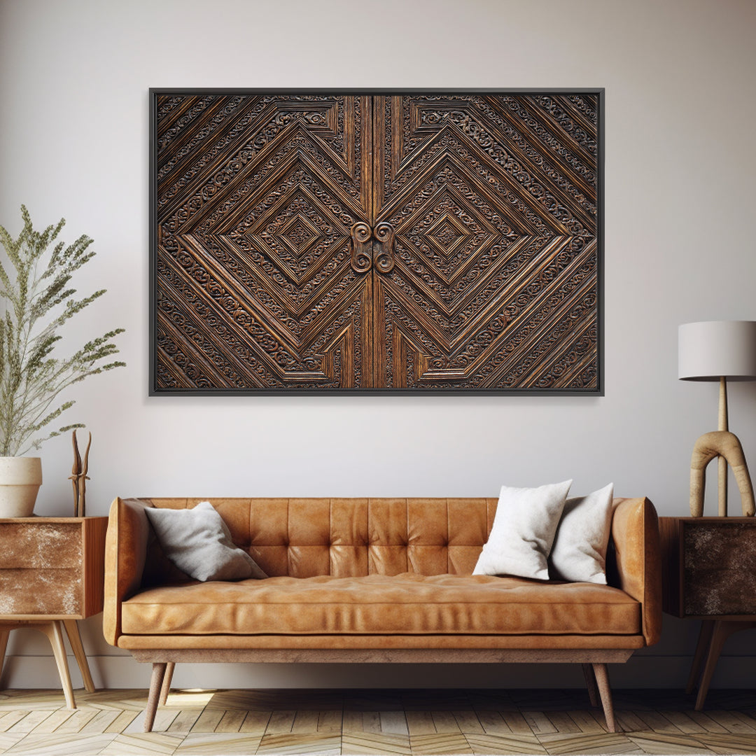 Geometric Carved Wood Door Canvas Print, Ornate Tribal Pattern Wall Art, Brown Rustic Home Decor, Unique Cultural Gift For Office