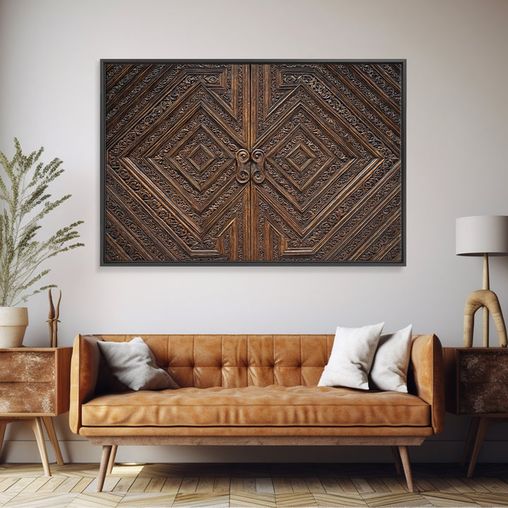 Geometric Carved Wood Door Canvas Print, Ornate Tribal Pattern Wall Art, Brown Rustic Home Decor, Unique Cultural Gift For Office