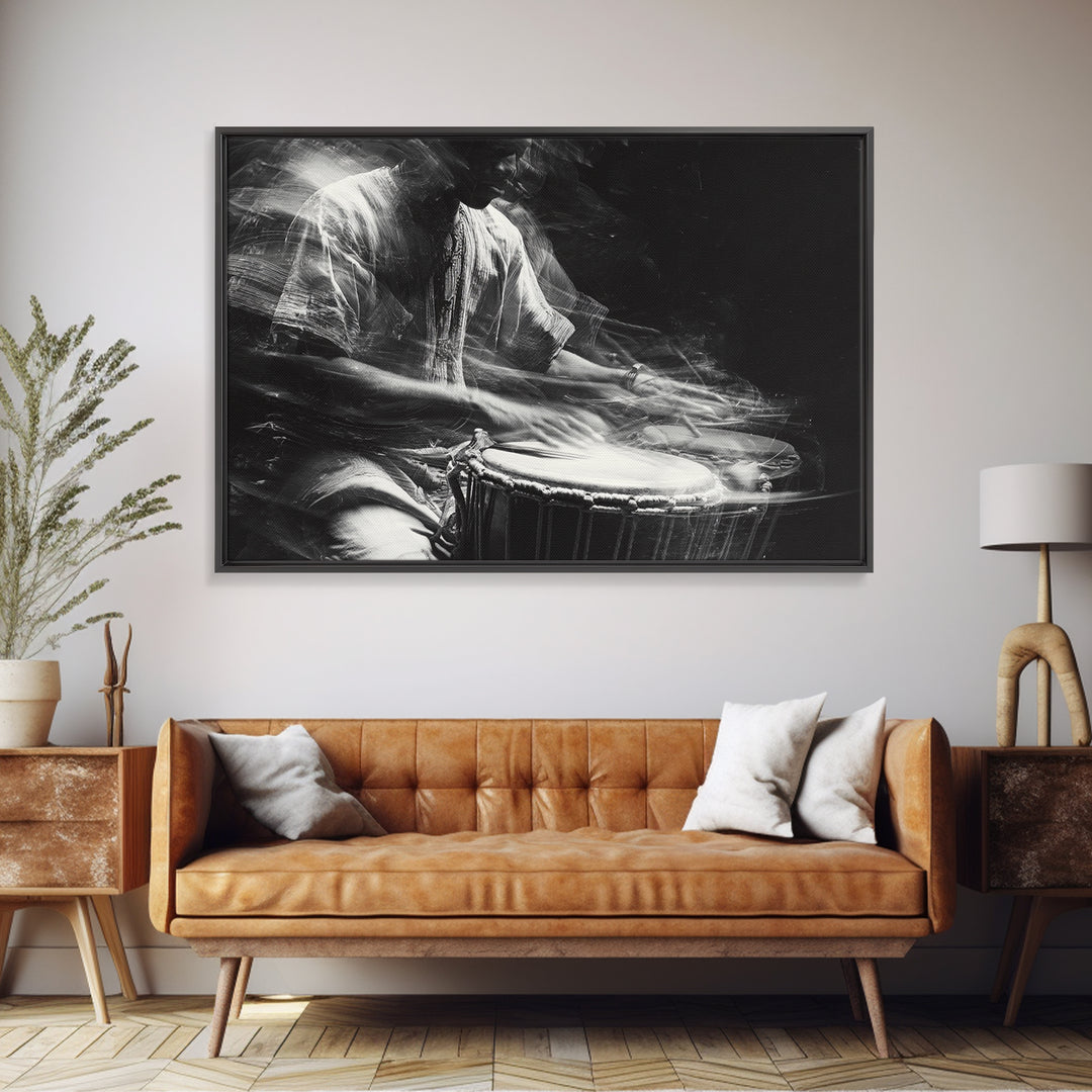 Black And White Drummer Wall Art, Motion Blur African Music Portrait, Afrocentric Canvas Print, Cultural Home Decor Gift