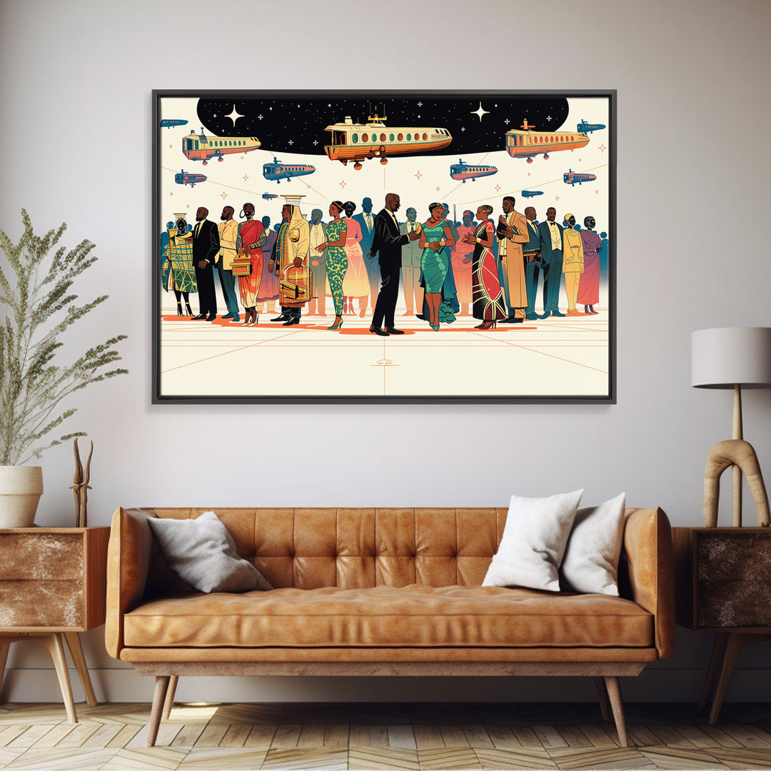 Afrofuturist Travel Crowd Wall Art, African American Art Print, Black Culture Poster, Modern Diaspora Home Decor Gift For Her