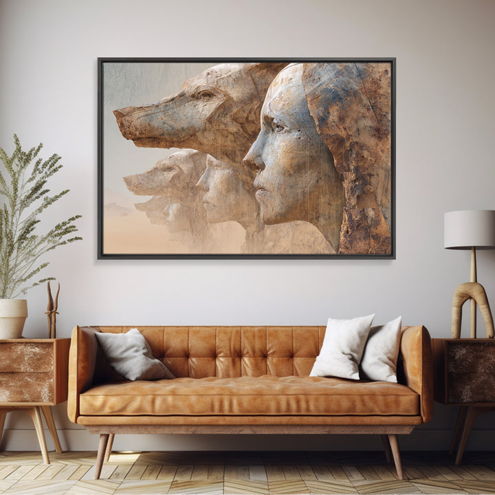 Monumental African Mask Profiles Framed Canvas Print, Ancient African Art, Ethnic Wall Decor, Statement Home Decor Gift Idea
