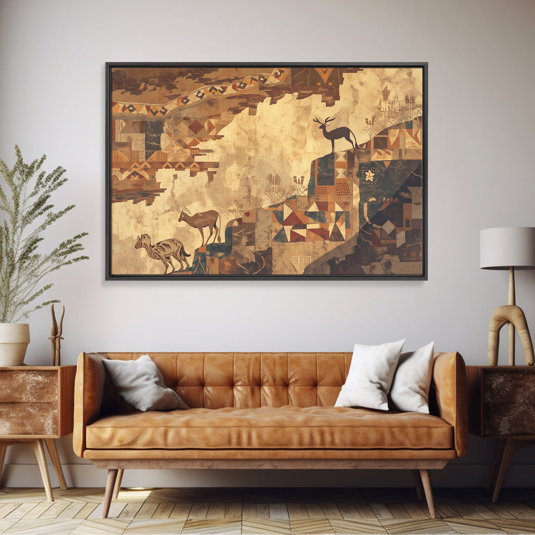 Ancient Safari Animals Wall Art, African Tribal Art Print, Geometric Landscape Poster, Earth Tone Cultural Home Decor Gift