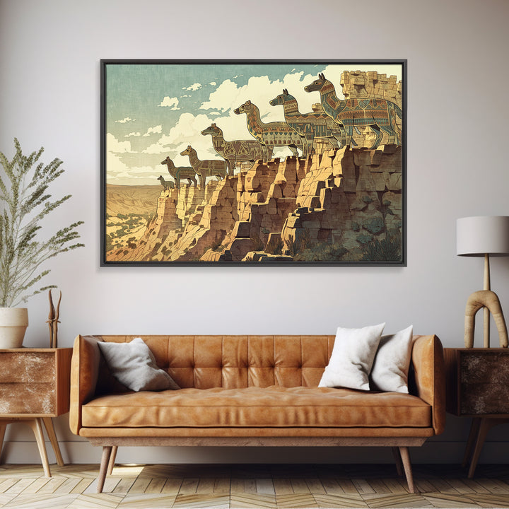 Stylized Giraffe Caravan Canvas Print, African Safari Art, Canyon Landscape Wall Decor, Boho Animal Home Decor Gift For Her