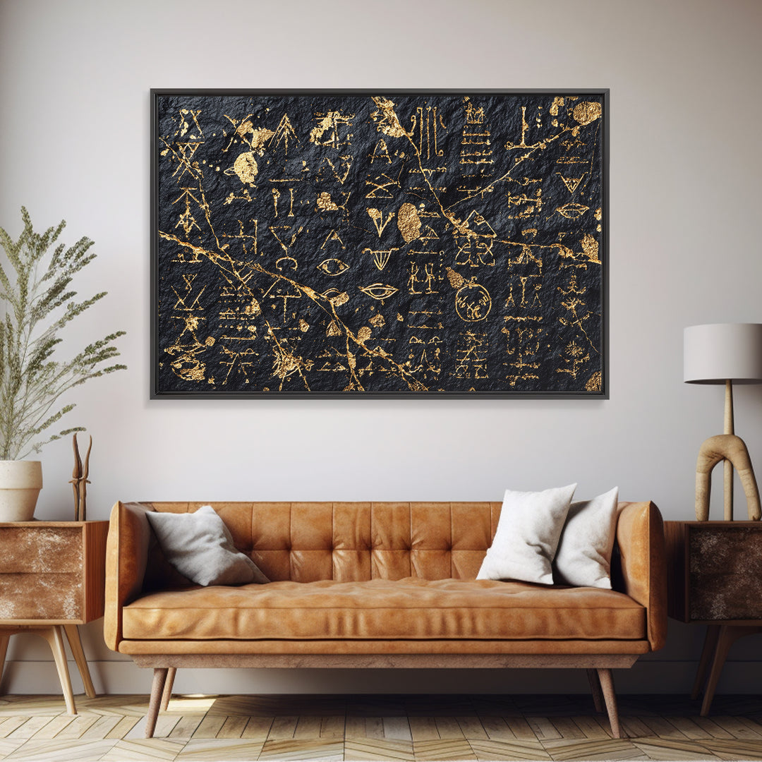 Gold Ancient Glyphs Wall Art, African Egyptian Art Print, Black Gold Canvas, Tribal Symbols Cultural Home Decor Gift Idea