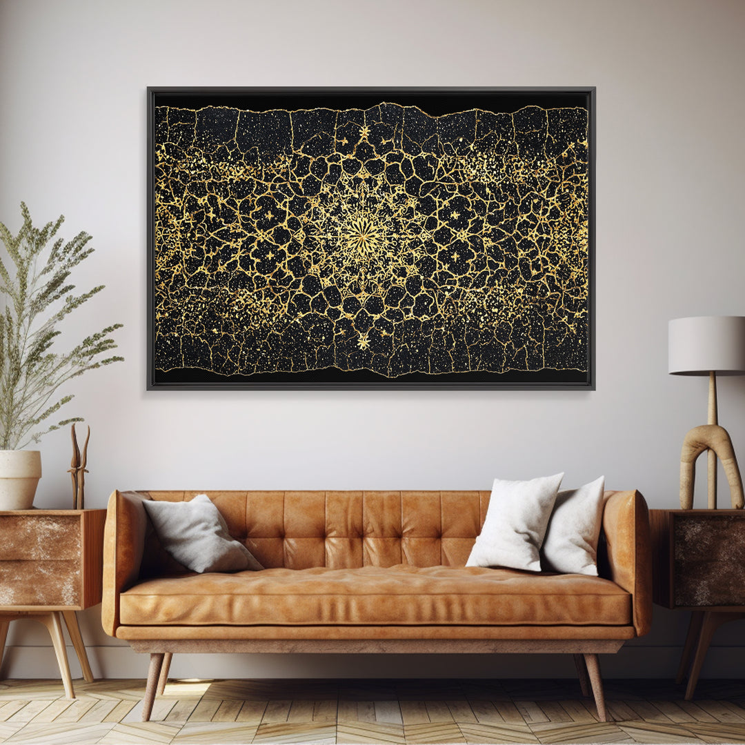 Black Gold Mandala Pattern Canvas Print, African Abstract Art, Luxury Geometric Wall Decor, Boho Home Decor Gift For Her