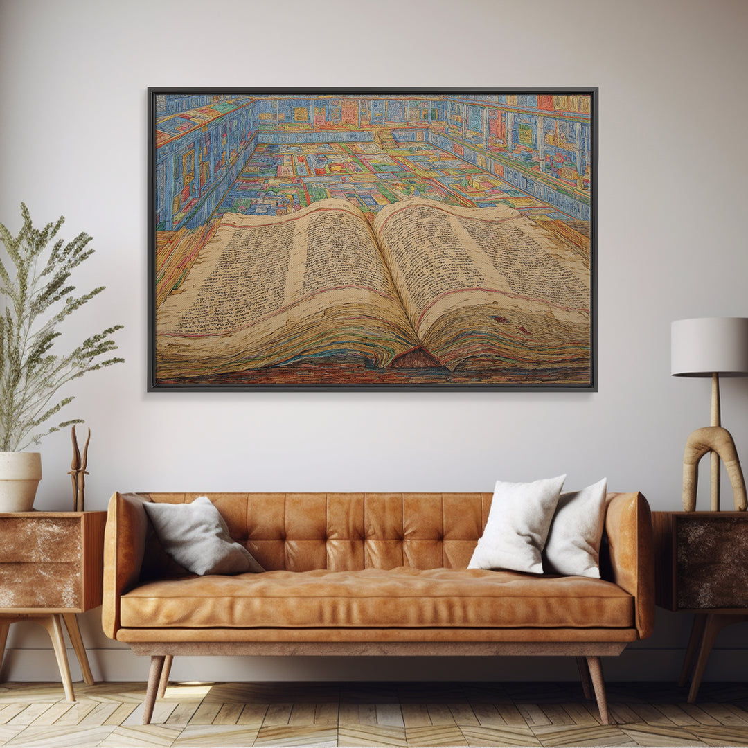 Ancient Open Book Library Wall Art, Scholarly Manuscript Canvas Print, Blue Office Decor, Literary Home Decor Gift For Reading Room