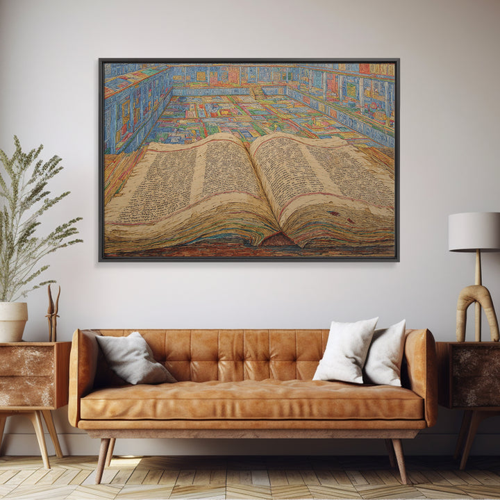 Ancient Open Book Library Wall Art, Scholarly Manuscript Canvas Print, Blue Office Decor, Literary Home Decor Gift For Reading Room