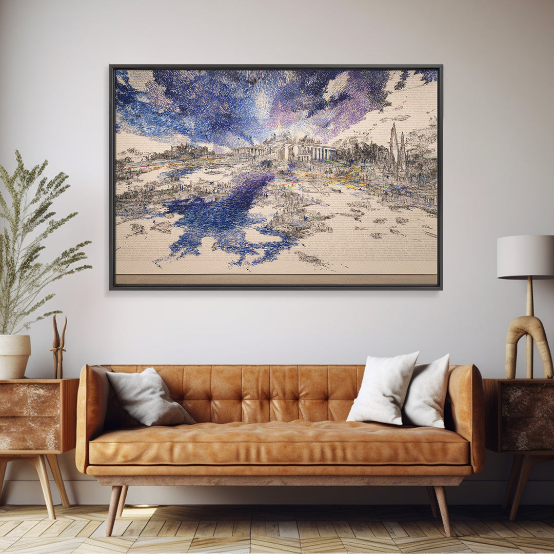 Blue River Ruins Landscape Wall Art, Classical Architecture Canvas Print, Dreamy Nature Scene, Elegant Office Home Decor Gift