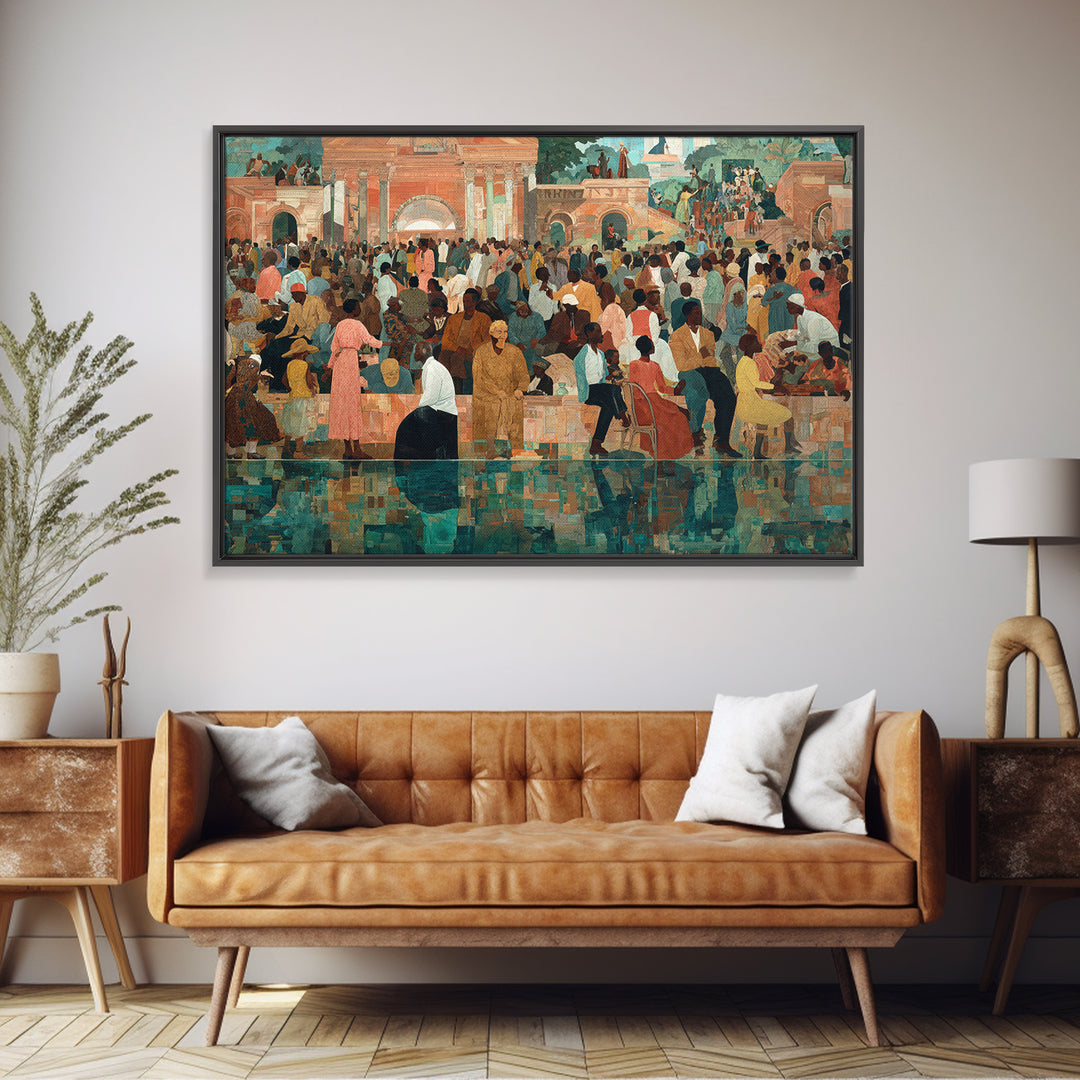 Vibrant African Plaza Crowd Wall Art, Cultural Celebration Canvas Print, Black People Decor, Afrocentric Home Decor Gift