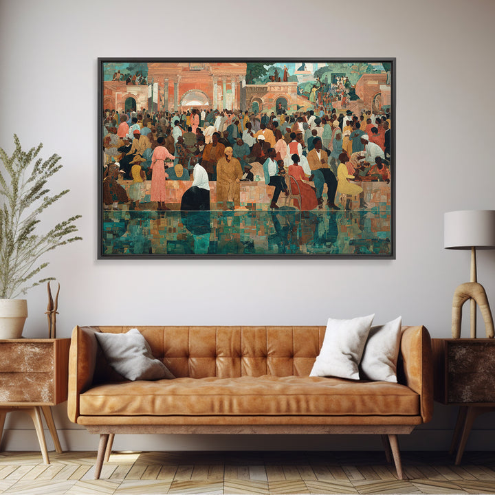 Vibrant African Plaza Crowd Wall Art, Cultural Celebration Canvas Print, Black People Decor, Afrocentric Home Decor Gift