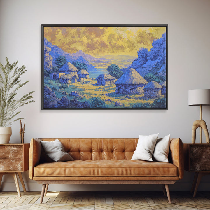 Blue African Village Landscape Wall Art, Thatched Hut Canvas Print, Motherland Nature Scene, Safari Home Decor Gift For Living Room