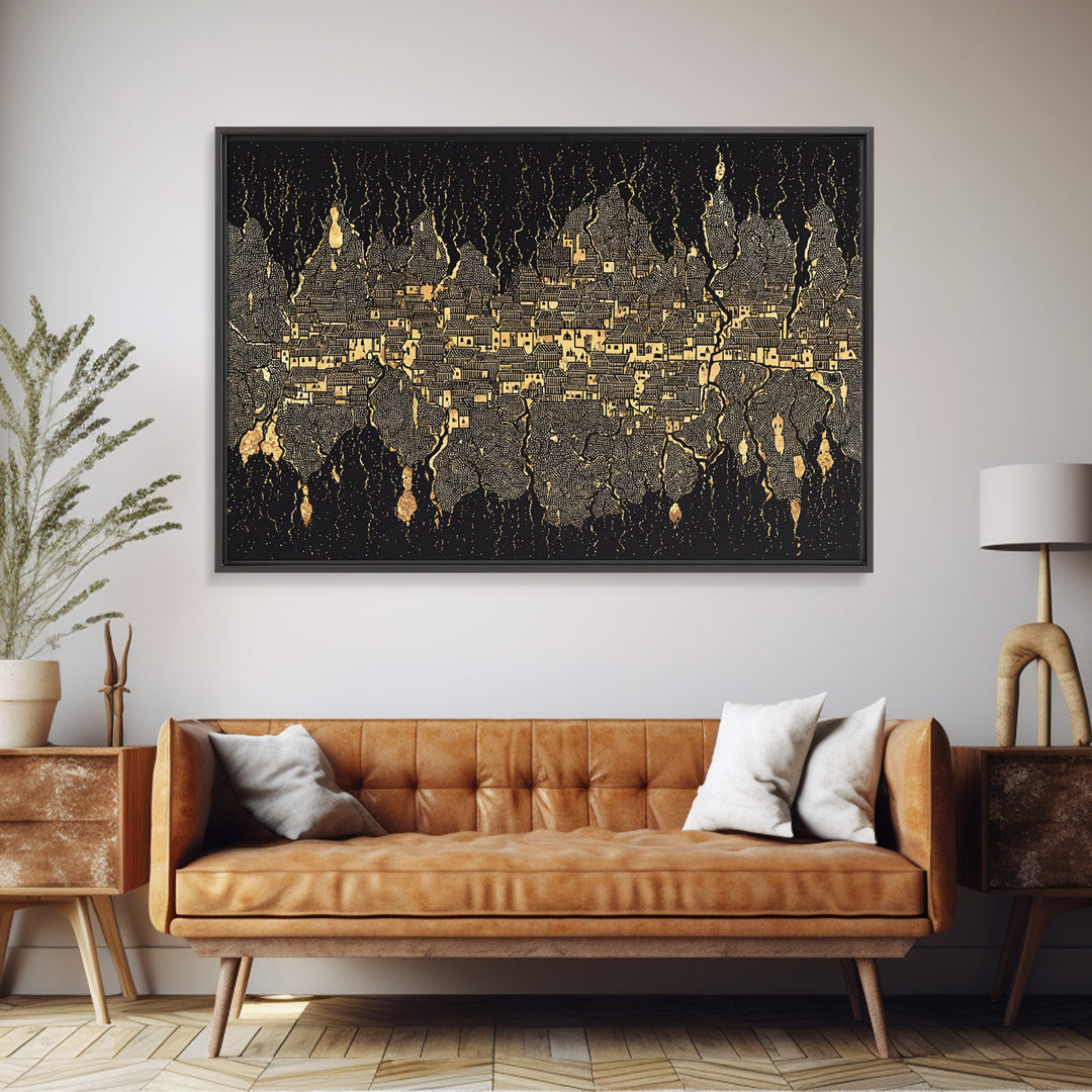 Gold Black Mystical City Wall Art, Abstract African Pattern Canvas Print, Modern Tribal Decor, Luxury Home Decor Statement Piece
