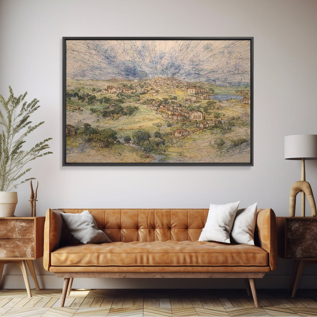 Radiant Rural Town Landscape Wall Art, Sunburst Countryside Canvas Print, African Inspired Decor, Elegant Home Decor Gift