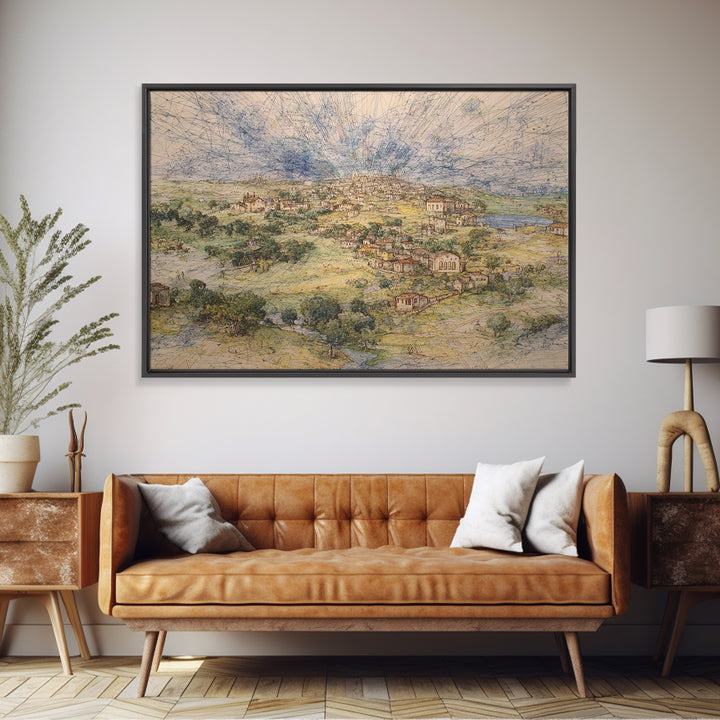 Radiant Rural Town Landscape Wall Art, Sunburst Countryside Canvas Print, African Inspired Decor, Elegant Home Decor Gift