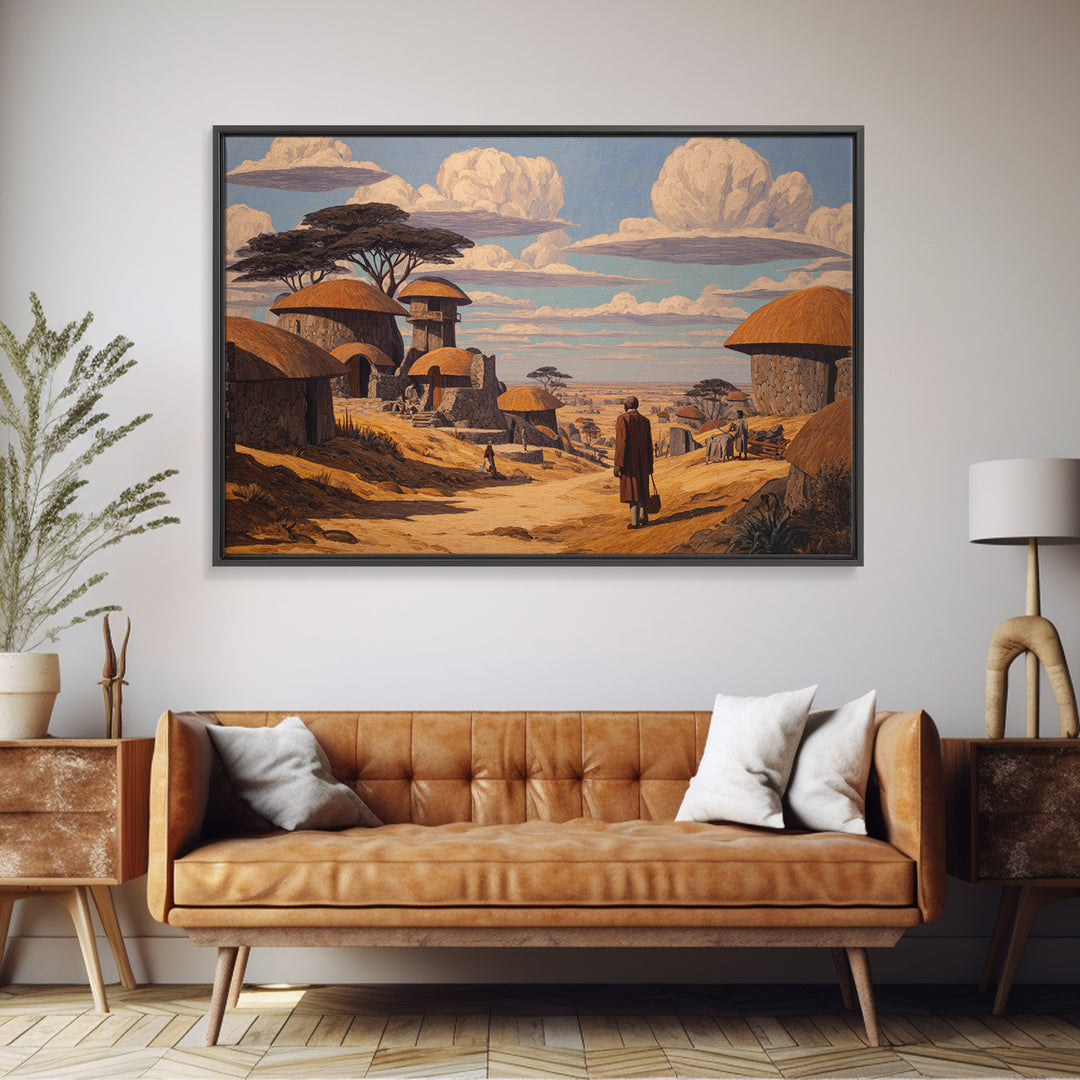 Thatched Village Path With Traveler Wall Art, African Landscape Canvas, Safari Hut Decor, Cultural Home Decor Gift For Living Room