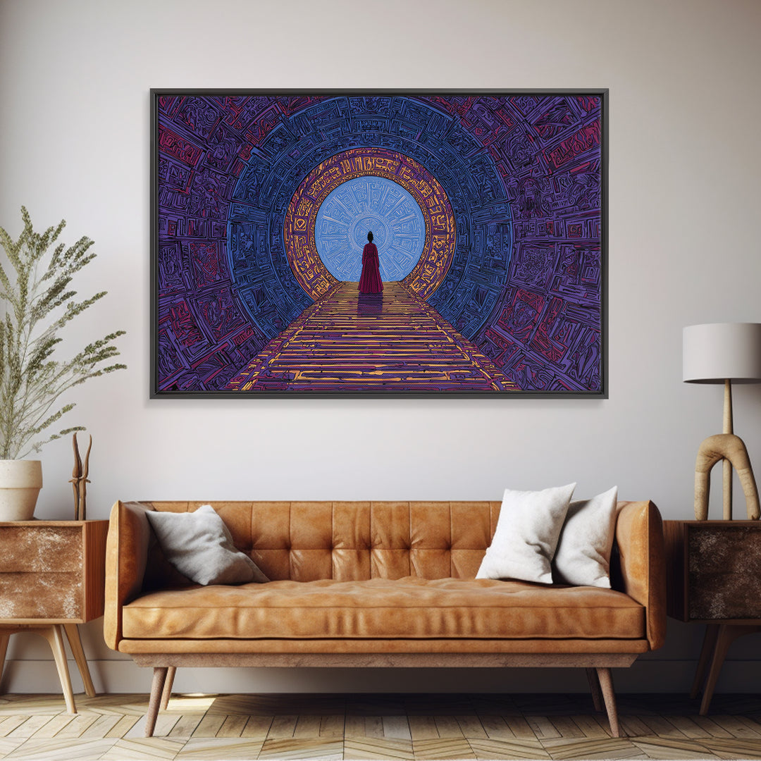 Red Robed Woman Before Blue Portal Framed Canvas Print, Mystical African Art, Spiritual Wall Decor For Meditation Room Gift