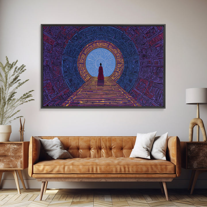 Red Robed Woman Before Blue Portal Framed Canvas Print, Mystical African Art, Spiritual Wall Decor For Meditation Room Gift