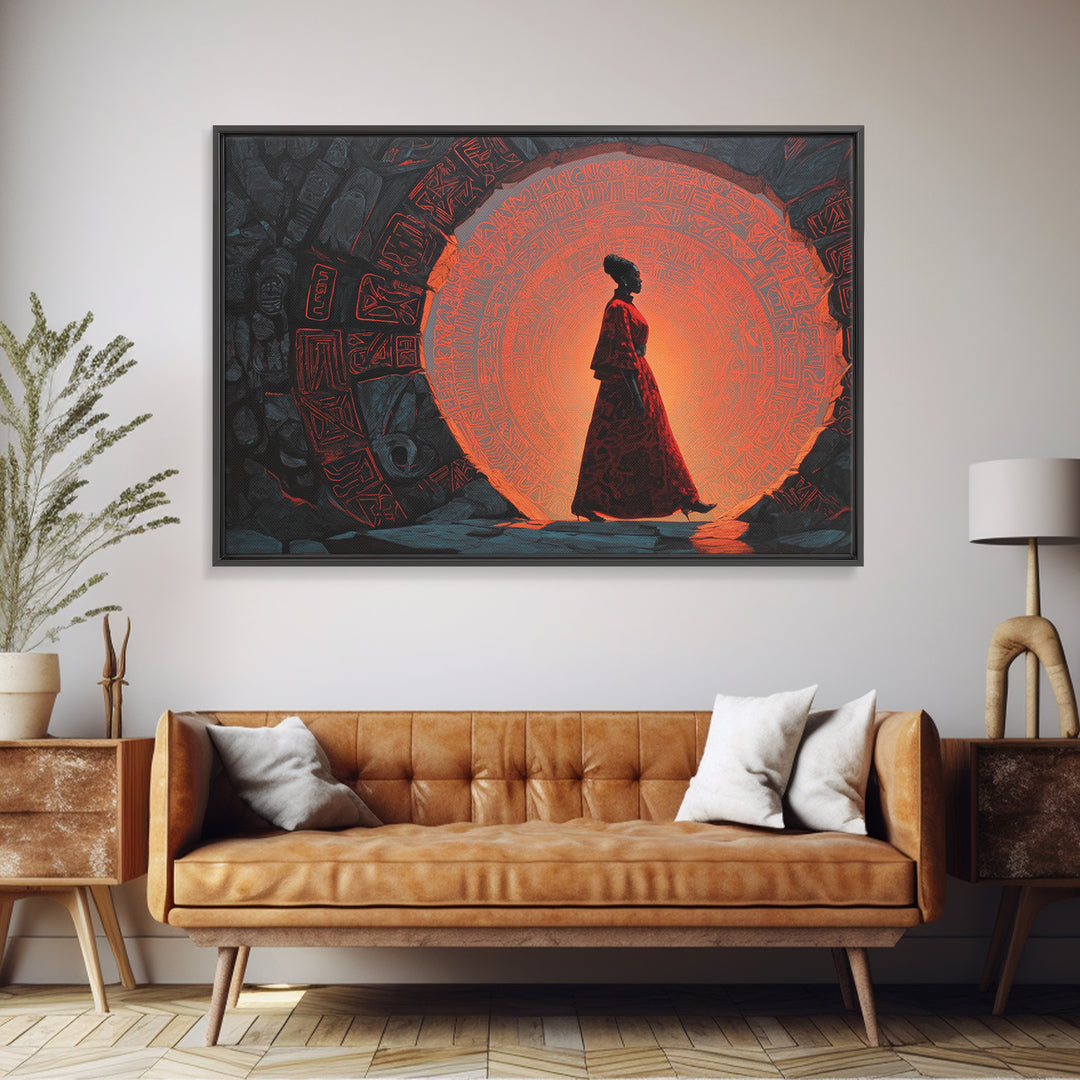 Silhouette Woman At Orange Ancient Portal Wall Art, Afrofuturism Canvas Print, Spiritual African Decor For Home Or Office