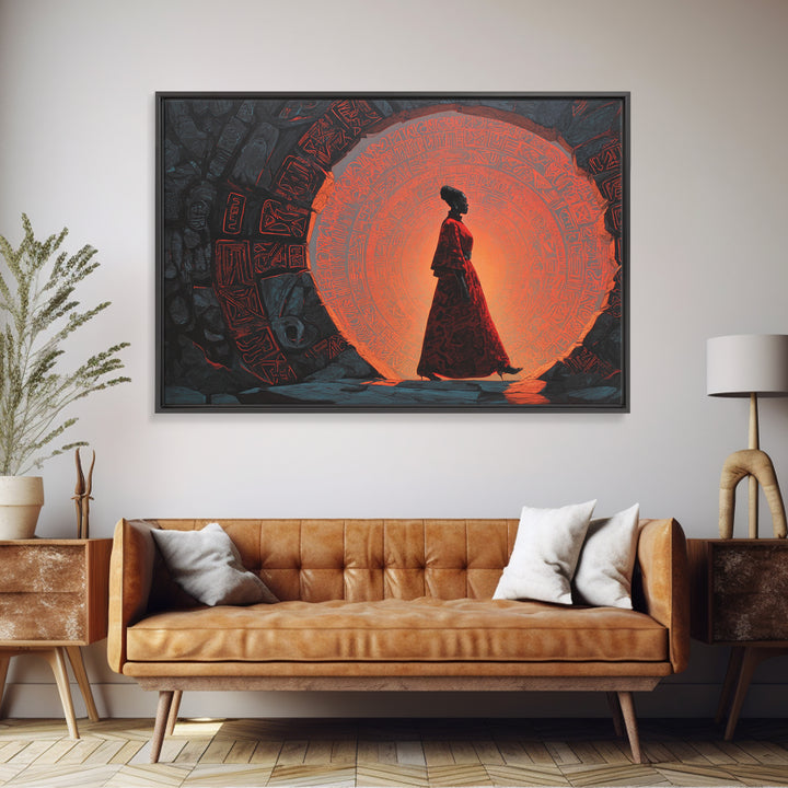 Silhouette Woman At Orange Ancient Portal Wall Art, Afrofuturism Canvas Print, Spiritual African Decor For Home Or Office