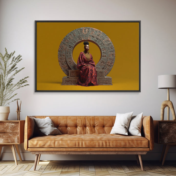 Seated African Queen In Red Robe Canvas Print, Regal Portrait Wall Art, Cultural Home Decor, Black Goddess Gift For Living Room