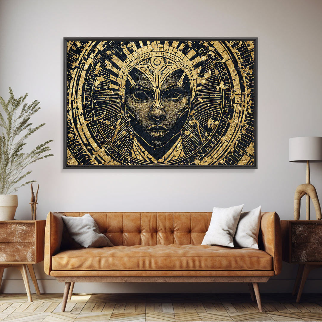 Gold Black Tribal Mask Face Wall Art, African Abstract Portrait Canvas Print, Spiritual Statement Decor For Living Room Gift