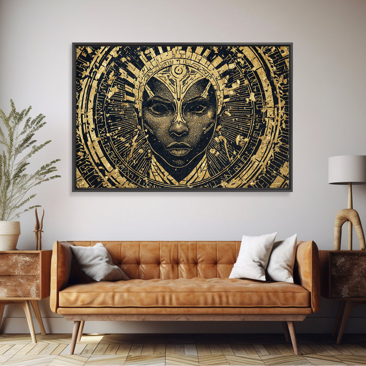 Gold Black Tribal Mask Face Wall Art, African Abstract Portrait Canvas Print, Spiritual Statement Decor For Living Room Gift
