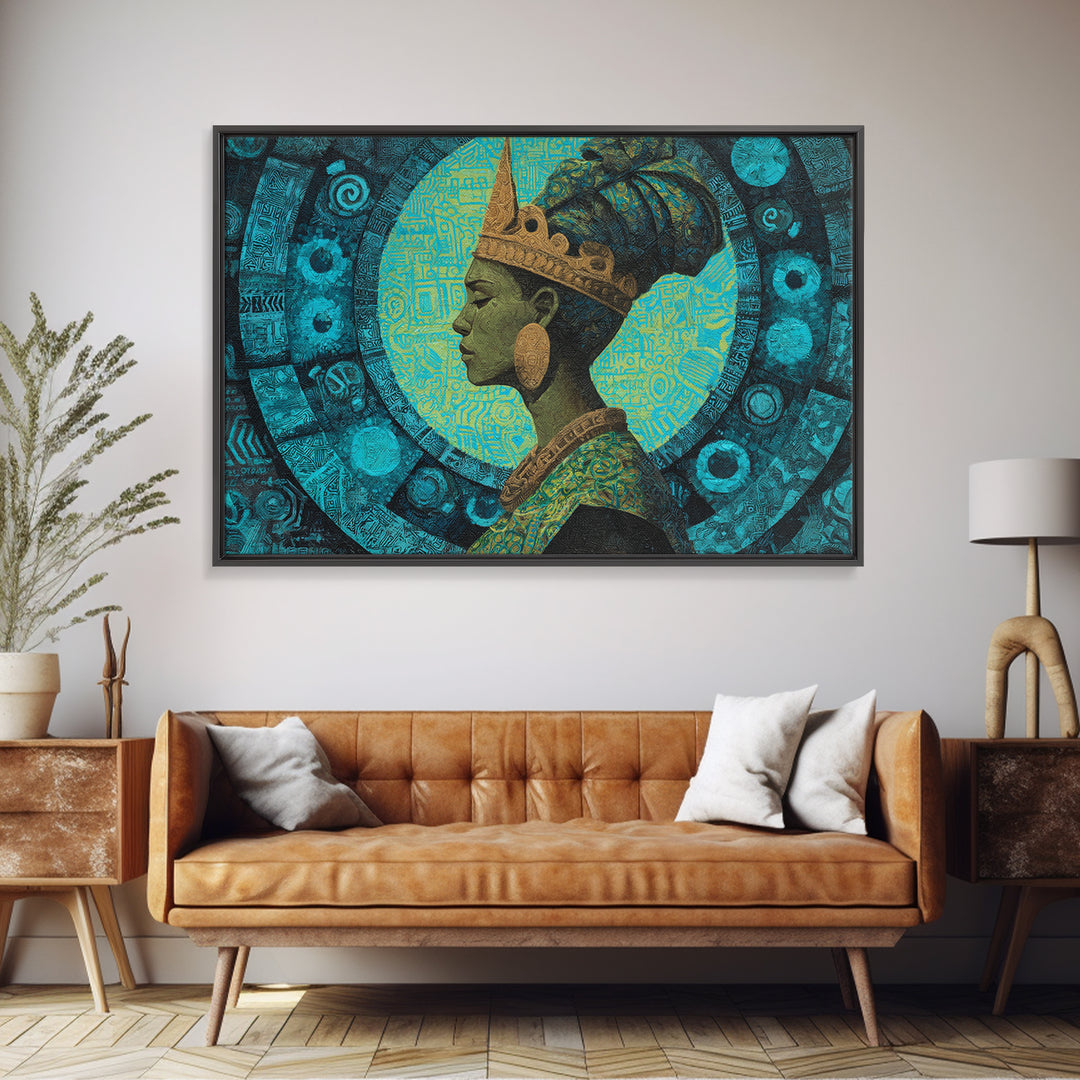 Turquoise Crowned African Queen Profile Wall Art, Afrocentric Portrait Canvas Print, Teal Cultural Decor For Home Or Office Gift