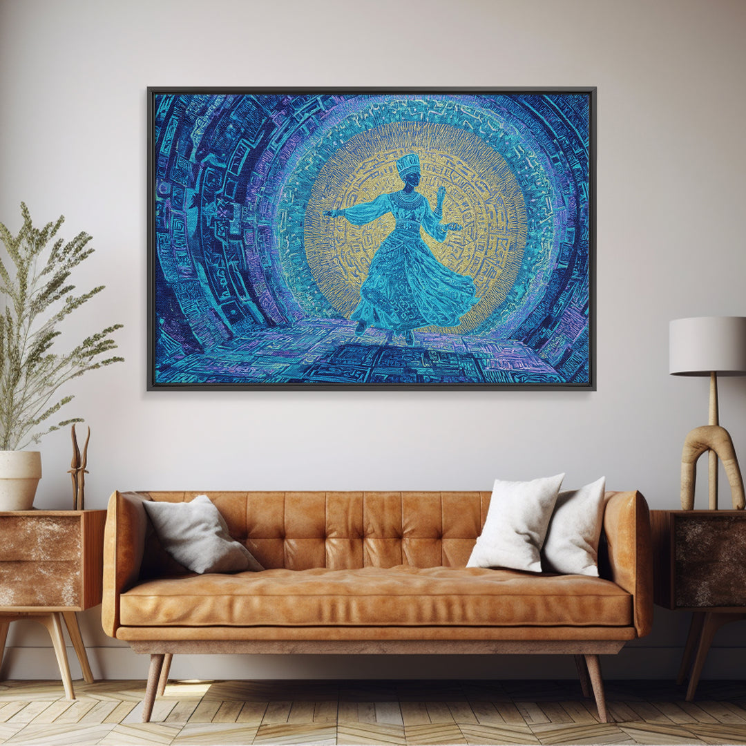Ethereal Blue Whirling Dancer Portal Wall Art, African Inspired Spiritual Wall Decor, Teal Gold Boho Modern Canvas Print