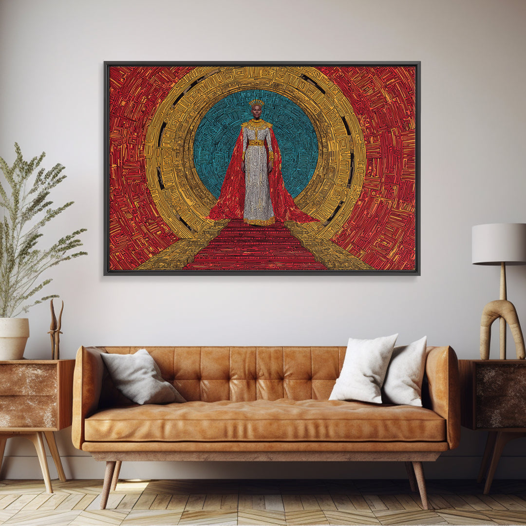 Regal African Queen In Red Cape Framed Canvas Print, Afrocentric Wall Art, Black Goddess Portrait, Luxury Home Decor Gift