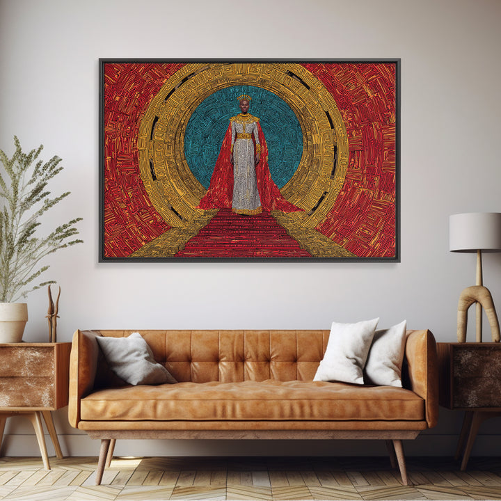 Regal African Queen In Red Cape Framed Canvas Print, Afrocentric Wall Art, Black Goddess Portrait, Luxury Home Decor Gift